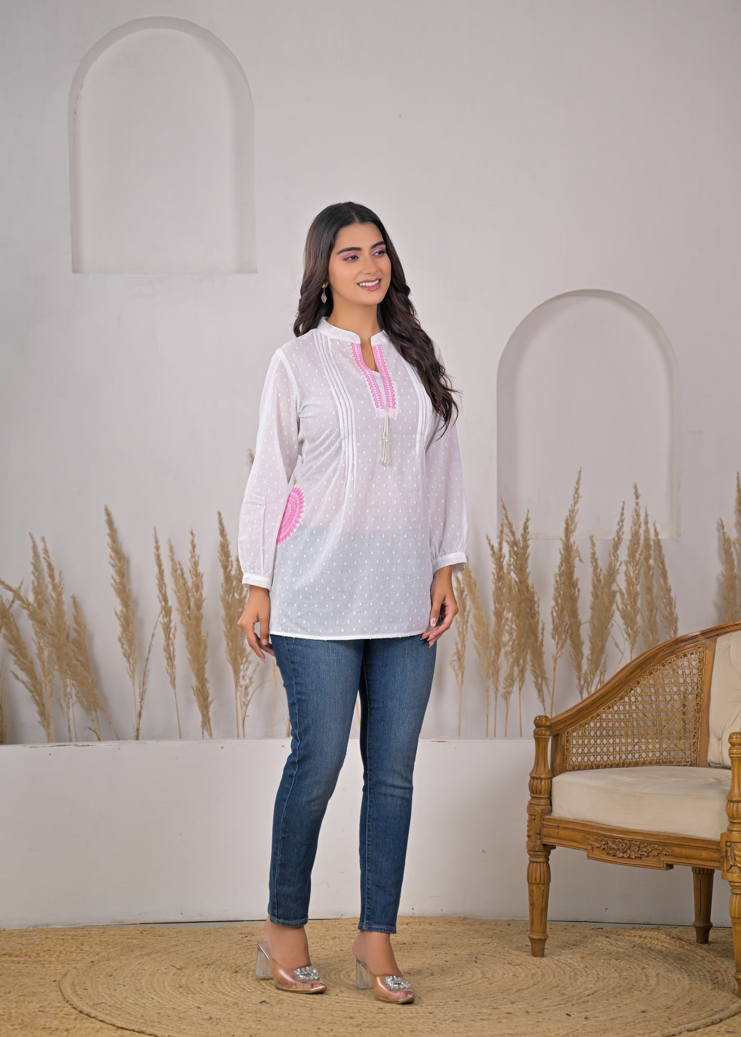 Women's White Cotton Short Kurti with Pink Embroidered Yoke