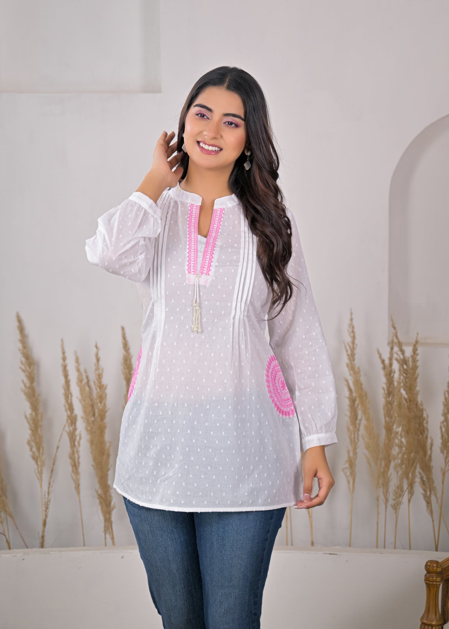 Women's White Cotton Short Kurti with Pink Embroidered Yoke