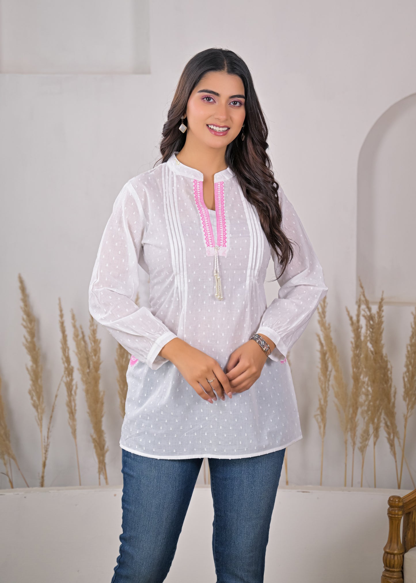 Women's White Cotton Short Kurti with Pink Embroidered Yoke