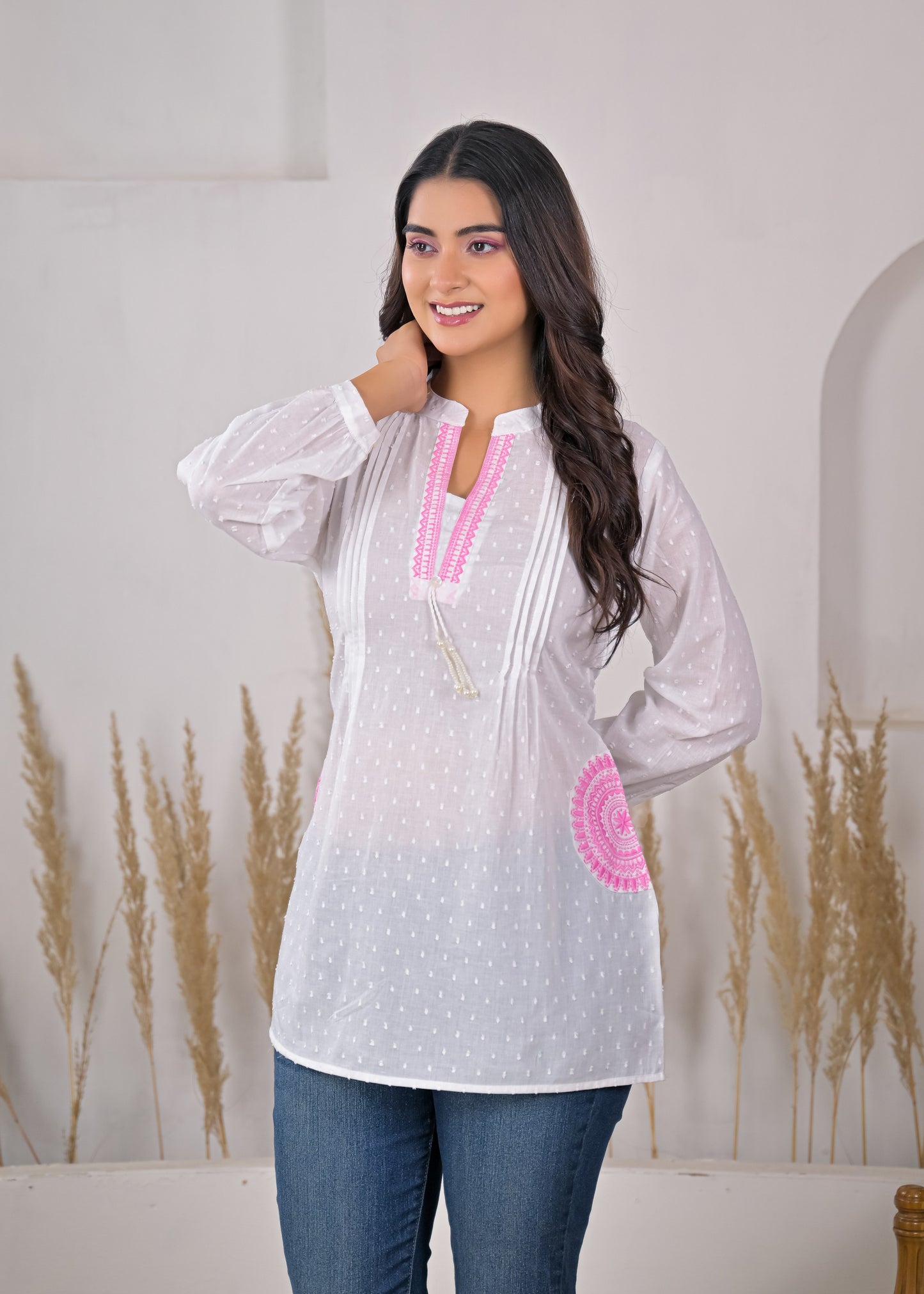 Women's White Cotton Short Kurti with Pink Embroidered Yoke