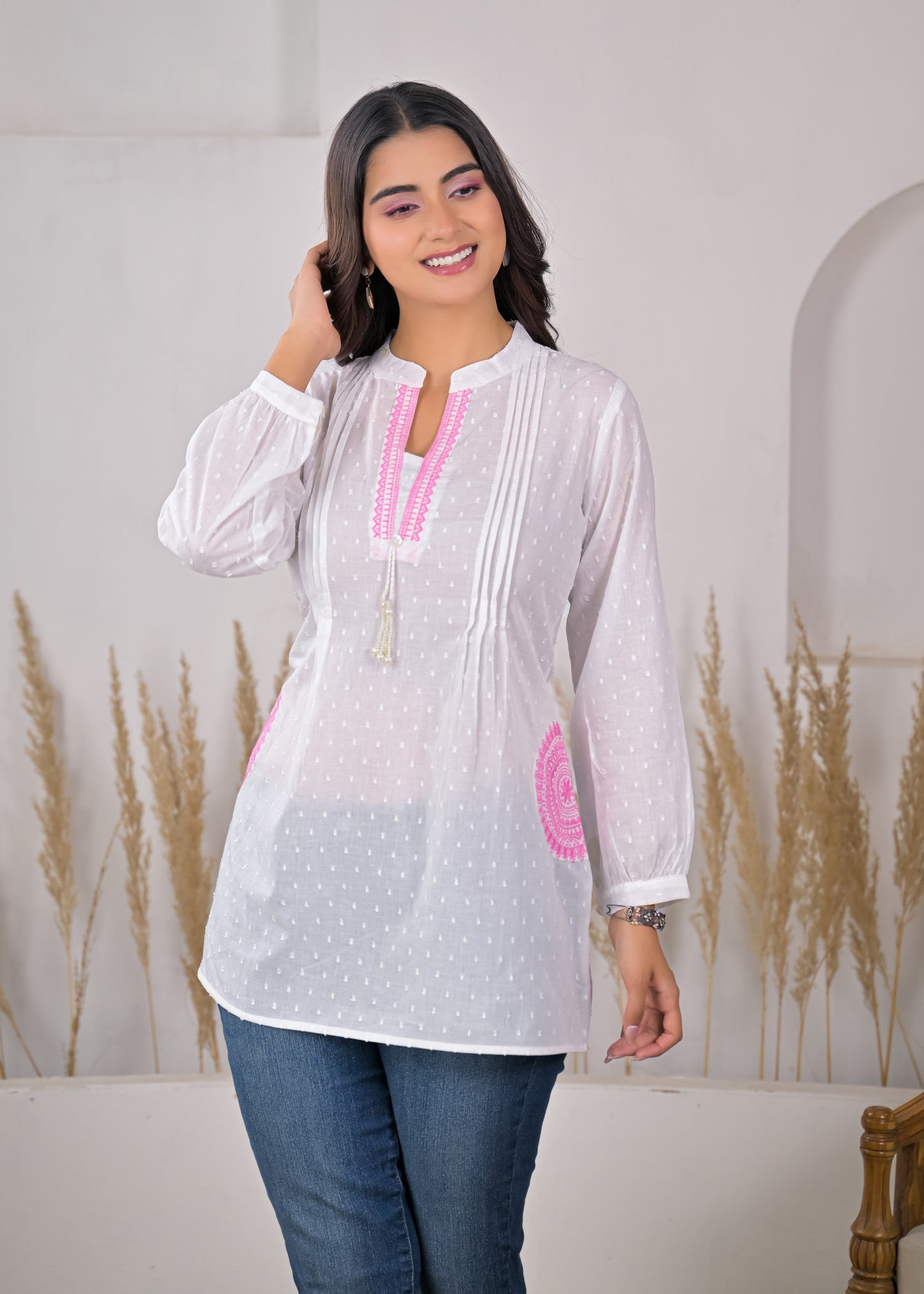 Women's White Cotton Short Kurti with Pink Embroidered Yoke