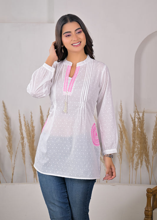 Women's White Cotton Short Kurti with Pink Embroidered Yoke