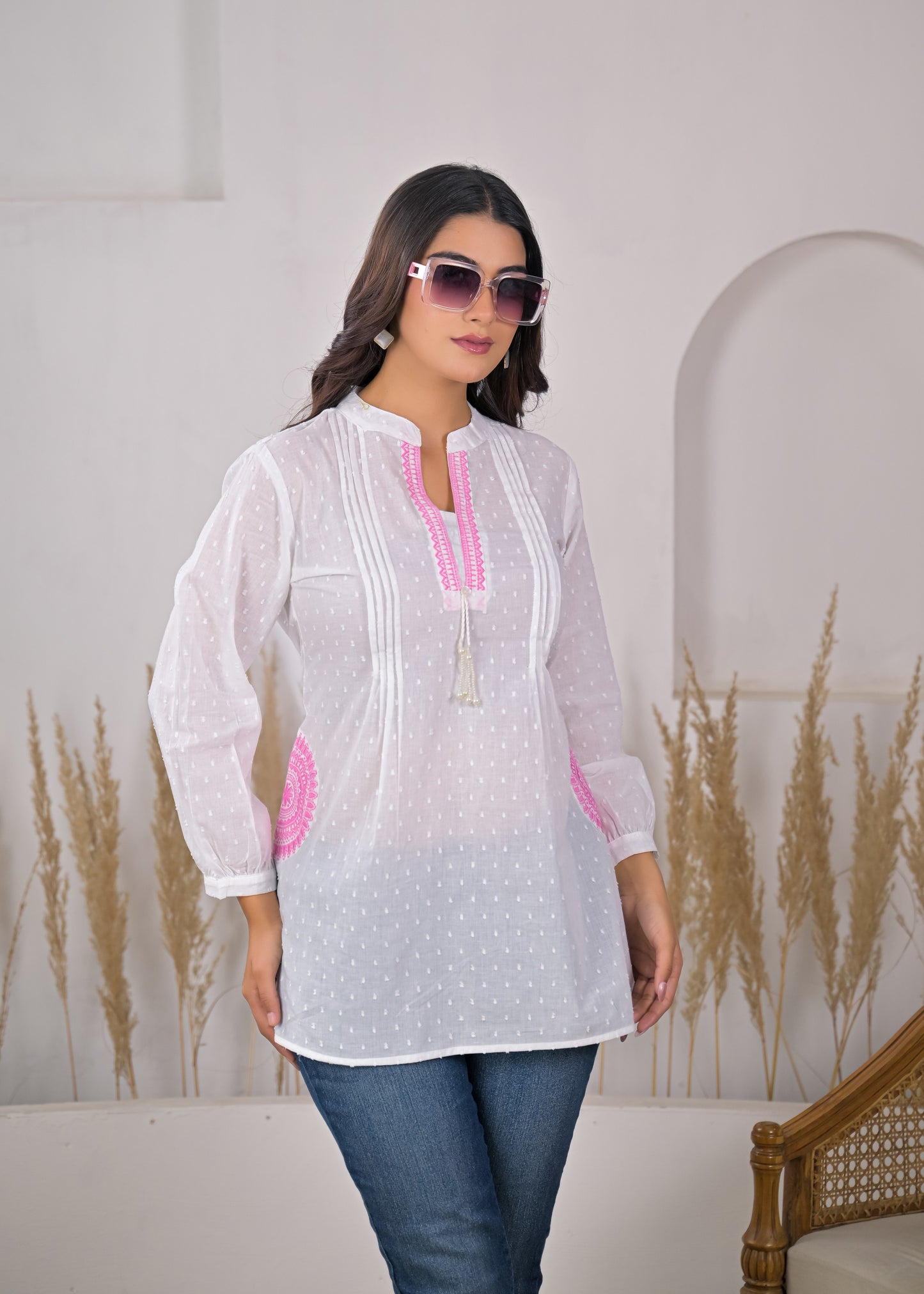 Women's White Cotton Short Kurti with Pink Embroidered Yoke