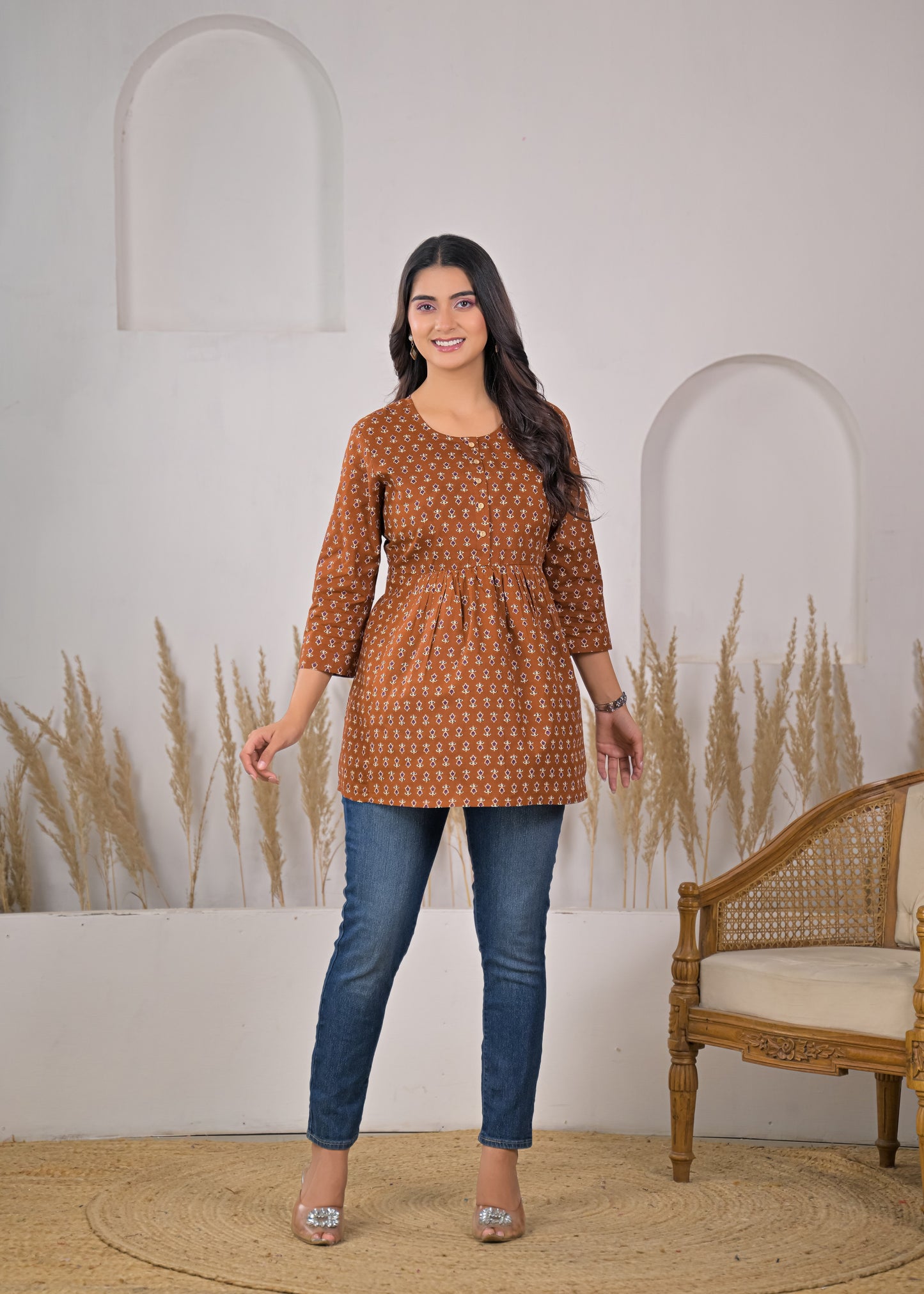 Women's Brown Floral Print Empire Waist Short Kurti
