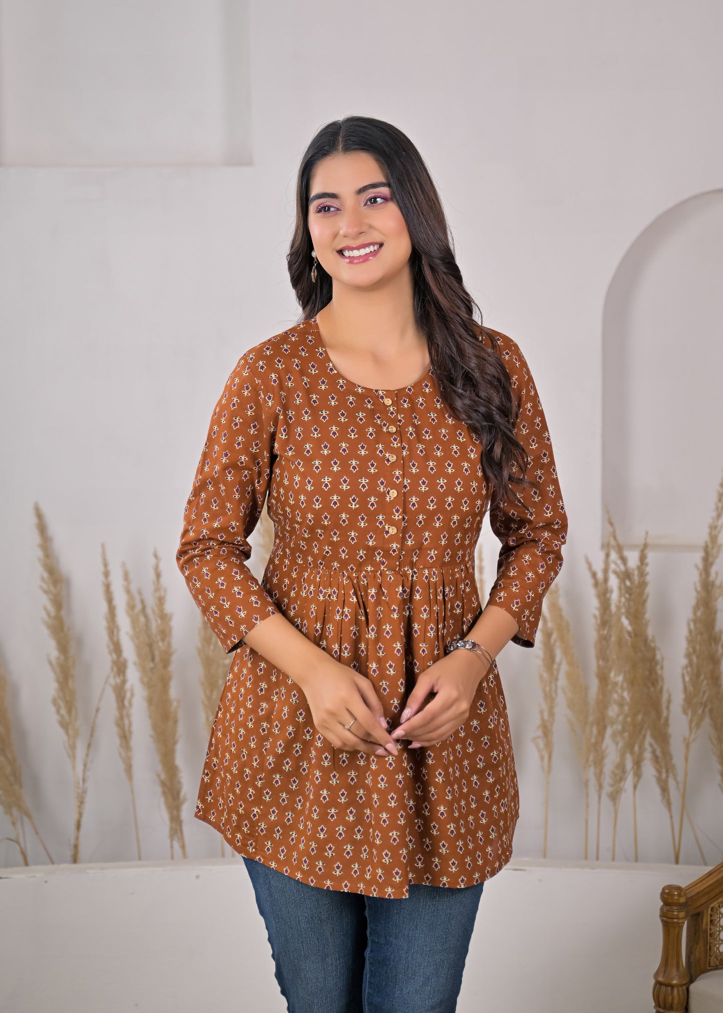 Women's Brown Floral Print Empire Waist Short Kurti