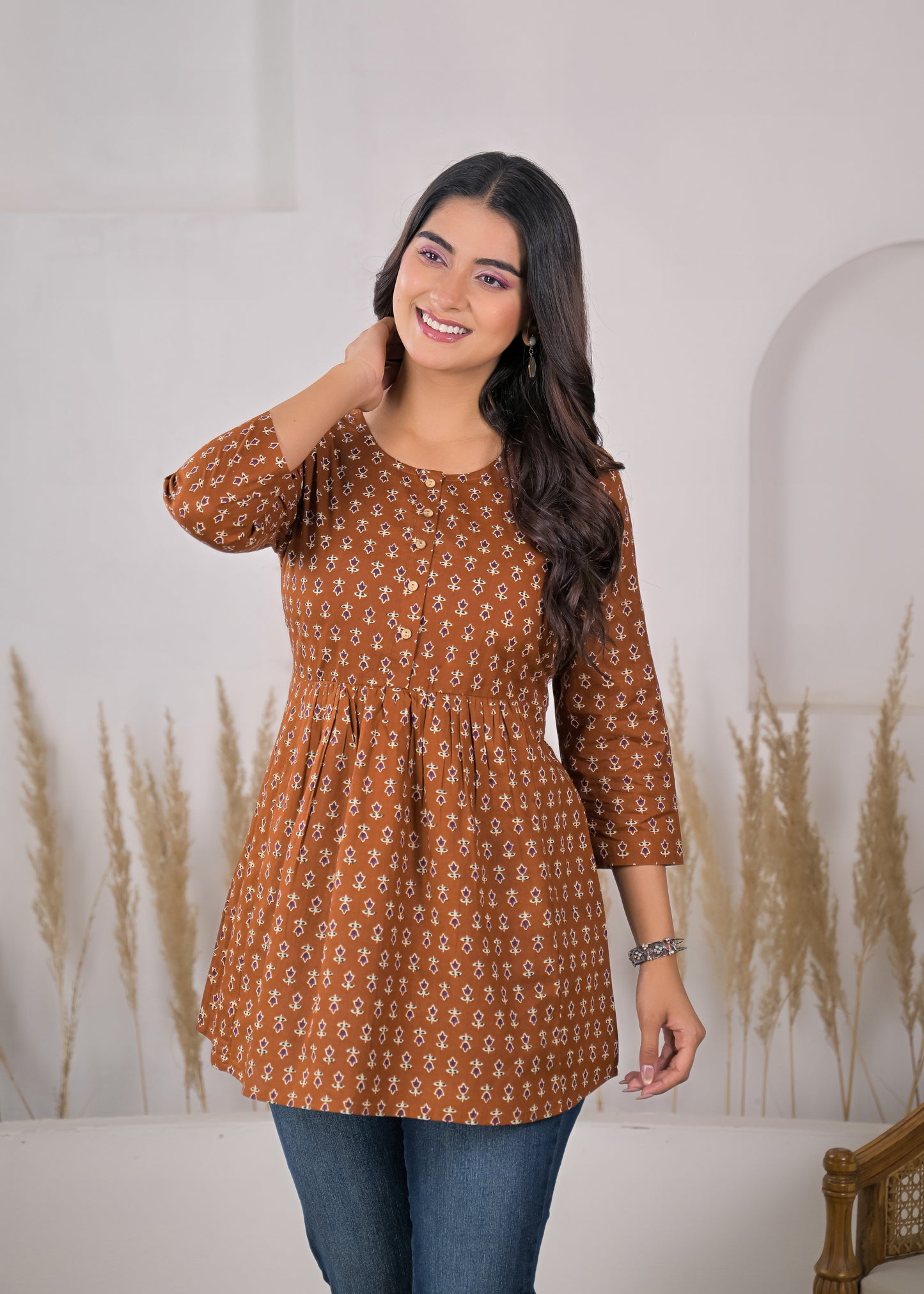 Women's Brown Floral Print Empire Waist Short Kurti
