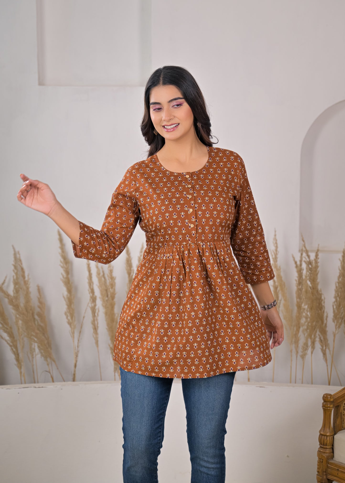 Women's Brown Floral Print Empire Waist Short Kurti
