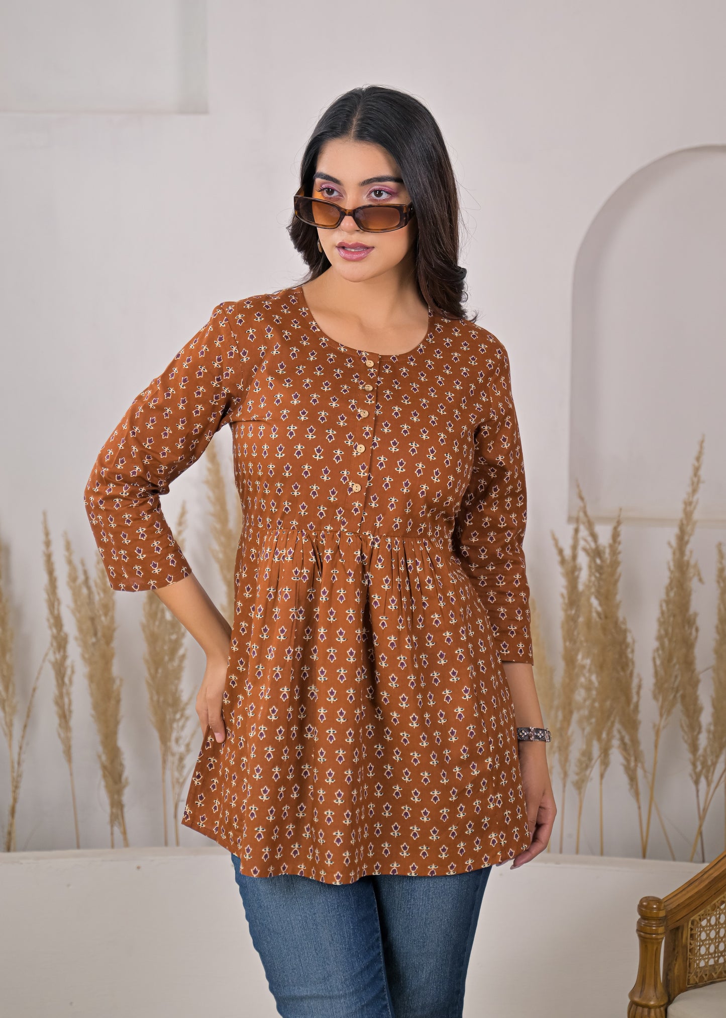 Women's Brown Floral Print Empire Waist Short Kurti