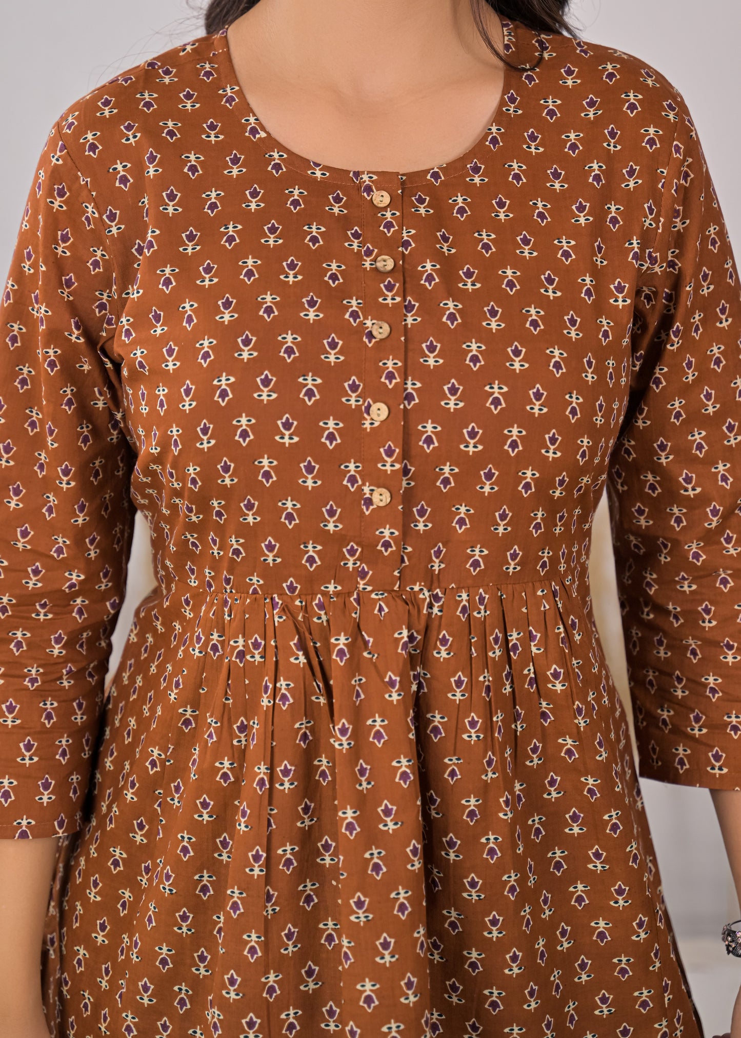 Women's Brown Floral Print Empire Waist Short Kurti