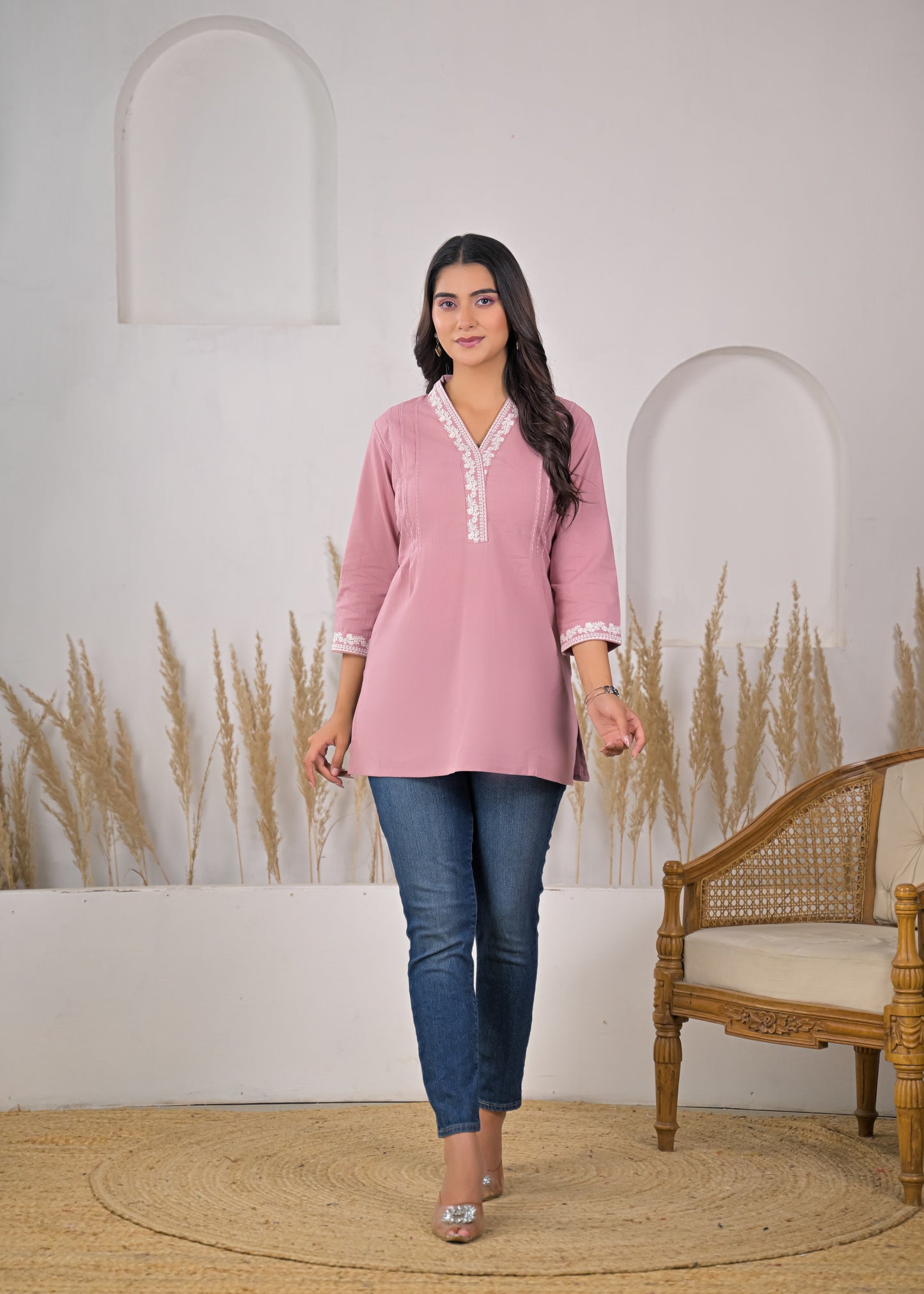 Women's Blush Pink Embroidered V-Neck Short Kurti