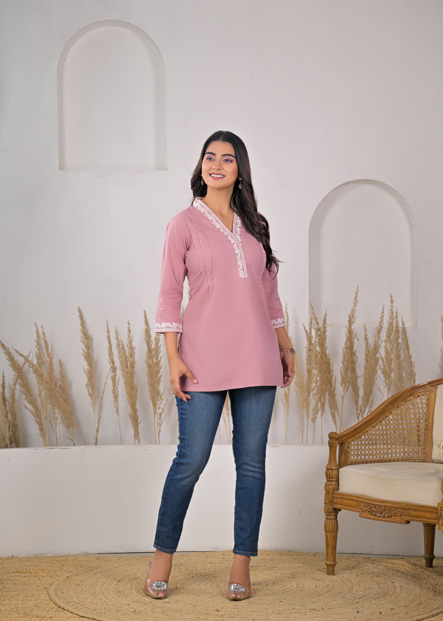 Women's Blush Pink Embroidered V-Neck Short Kurti