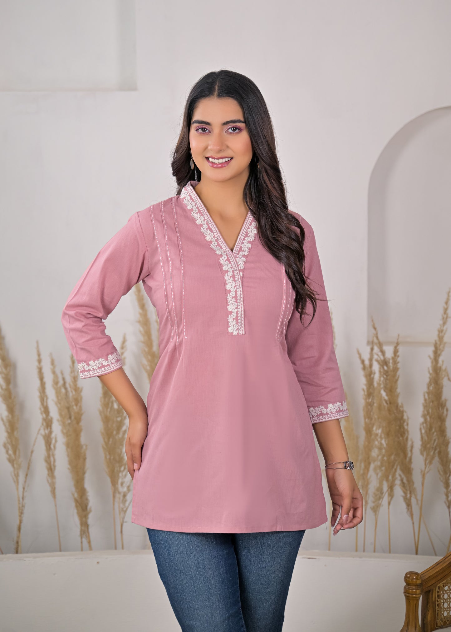 Women's Blush Pink Embroidered V-Neck Short Kurti