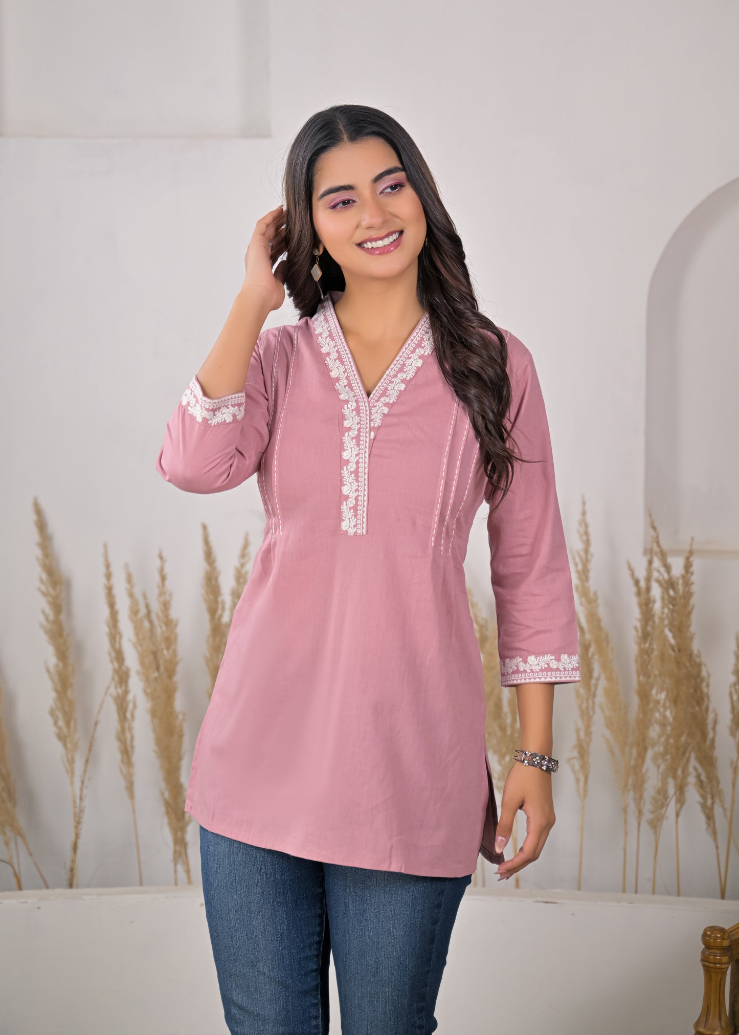 Women's Blush Pink Embroidered V-Neck Short Kurti