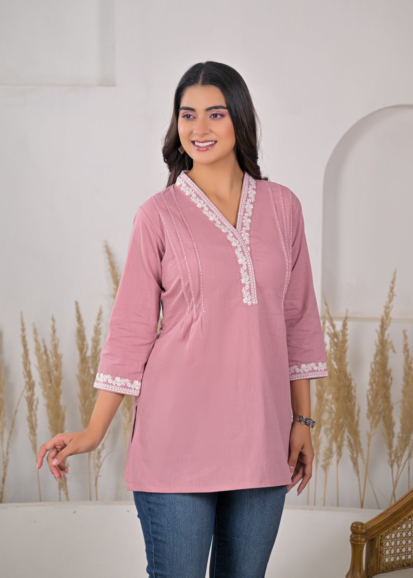 Women's Blush Pink Embroidered V-Neck Short Kurti