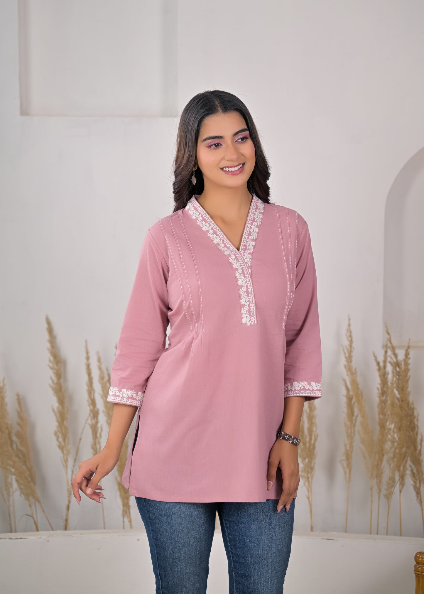 Women's Blush Pink Embroidered V-Neck Short Kurti