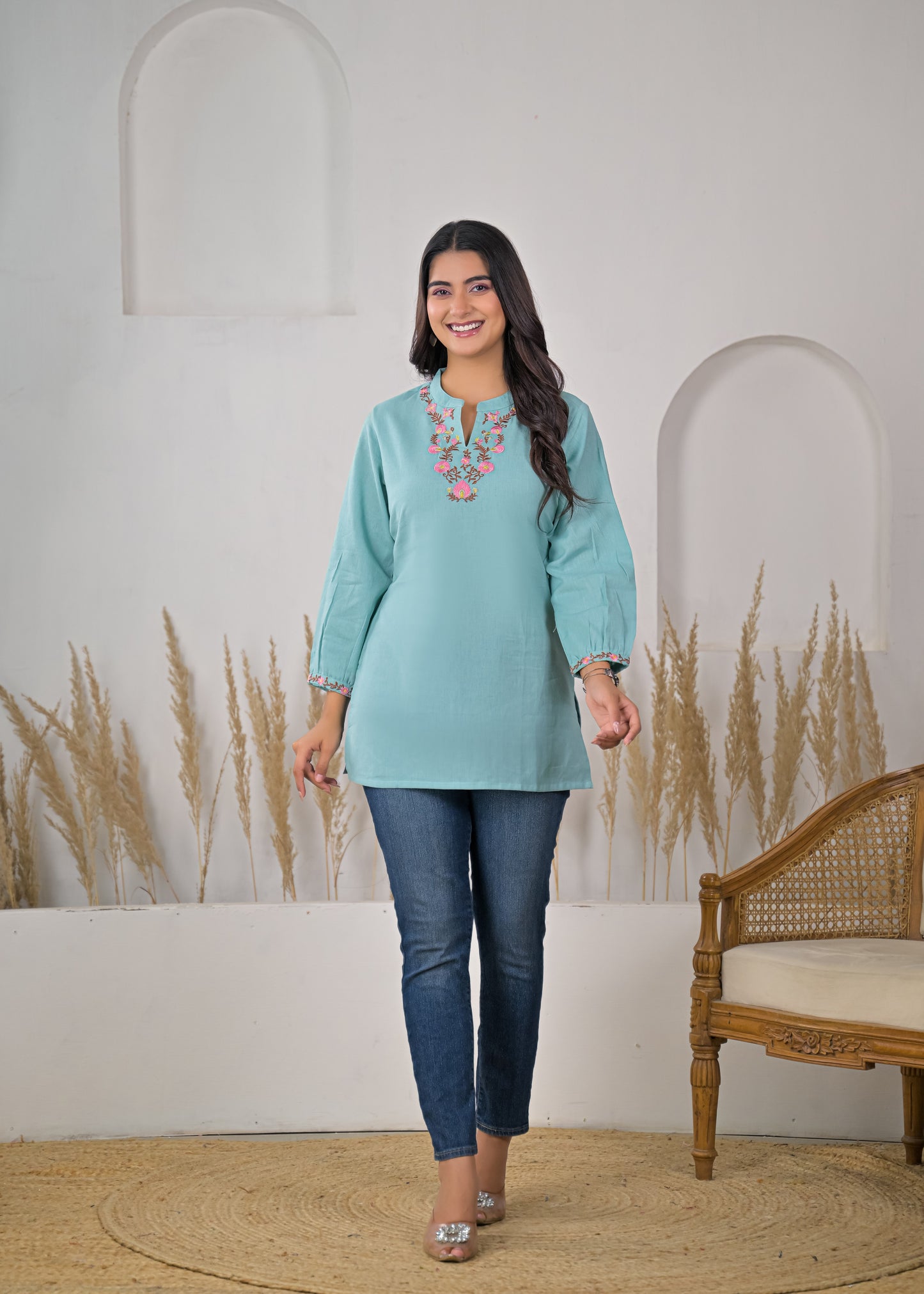 Women's Sky Blue Floral Embroidered Cotton Short Kurti