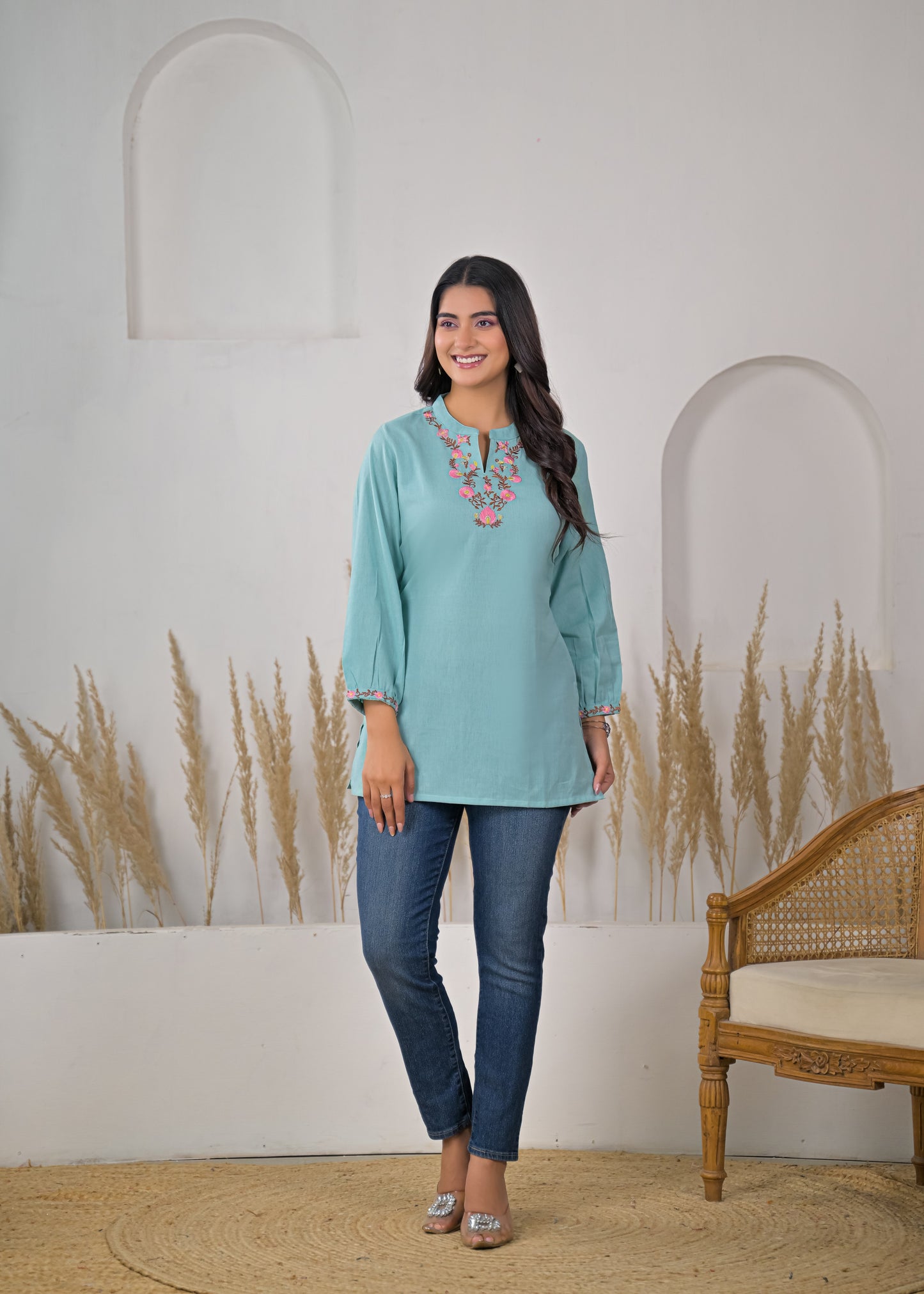 Women's Sky Blue Floral Embroidered Cotton Short Kurti