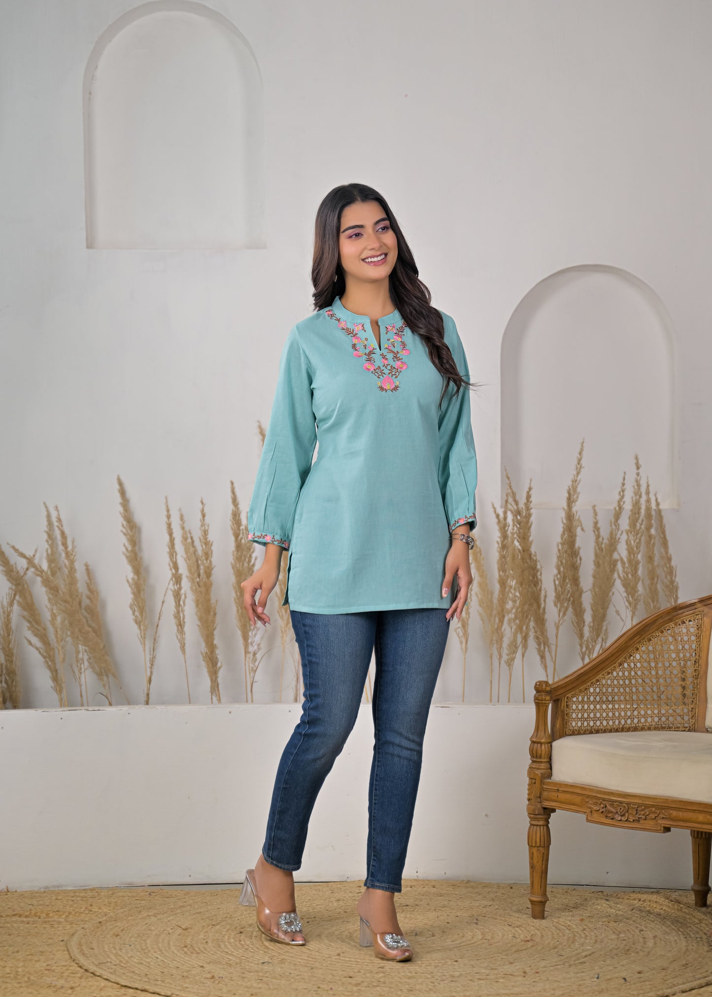 Women's Sky Blue Floral Embroidered Cotton Short Kurti