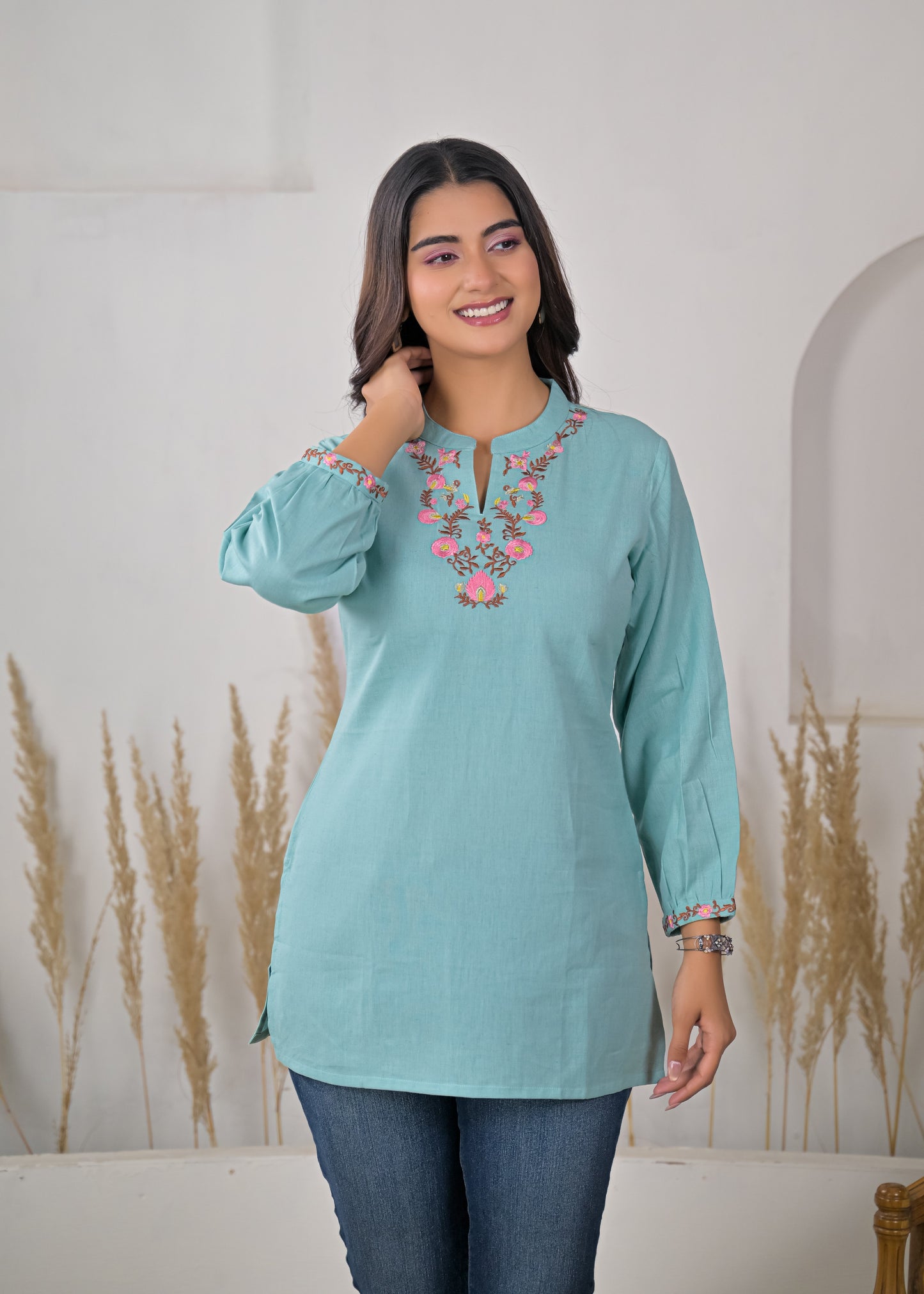 Women's Sky Blue Floral Embroidered Cotton Short Kurti
