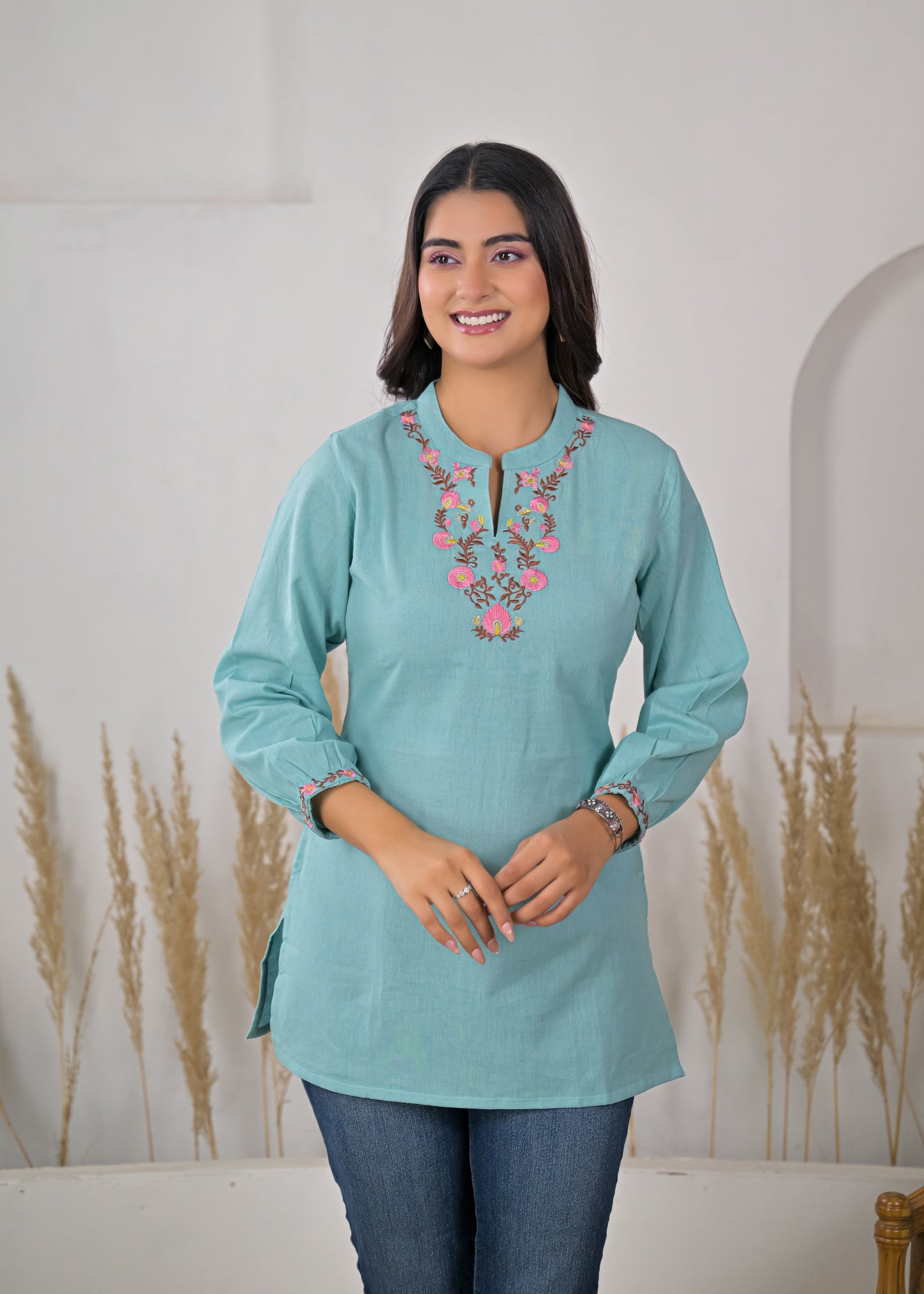 Women's Sky Blue Floral Embroidered Cotton Short Kurti