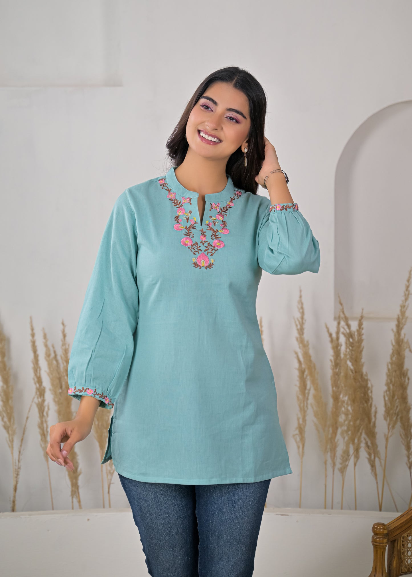 Women's Sky Blue Floral Embroidered Cotton Short Kurti