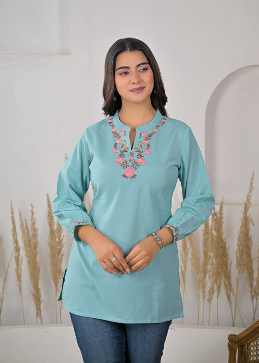 Women's Sky Blue Floral Embroidered Cotton Short Kurti