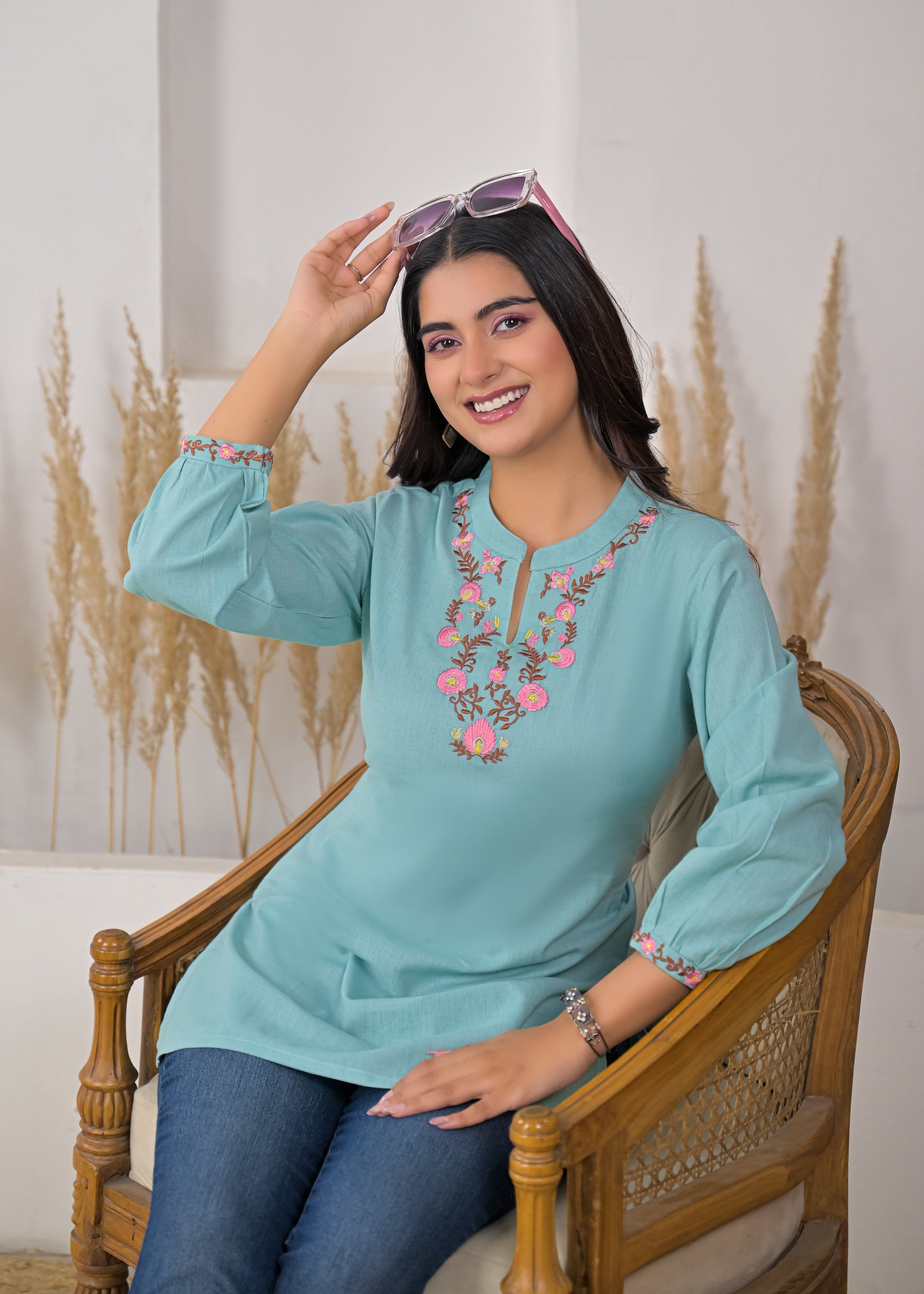 Women's Sky Blue Floral Embroidered Cotton Short Kurti