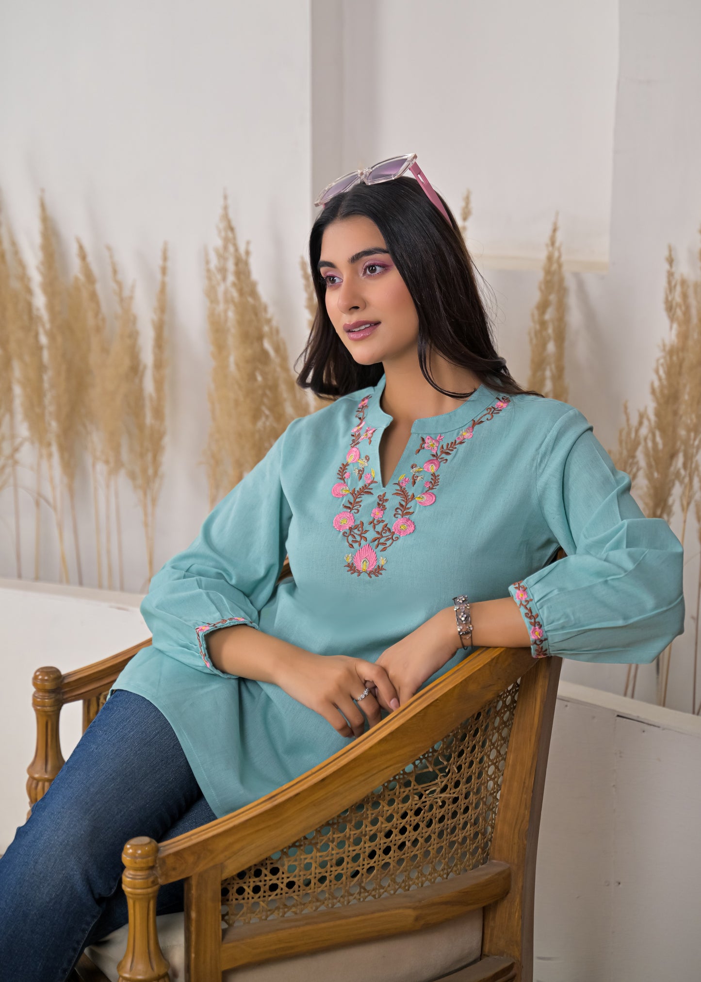 Women's Sky Blue Floral Embroidered Cotton Short Kurti