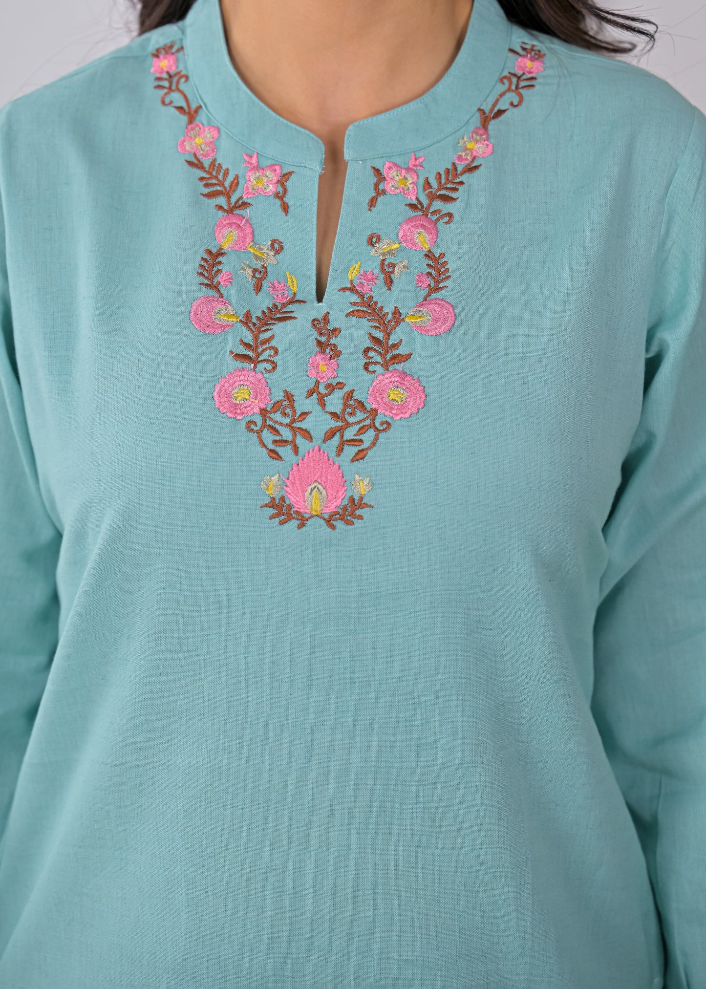 Women's Sky Blue Floral Embroidered Cotton Short Kurti