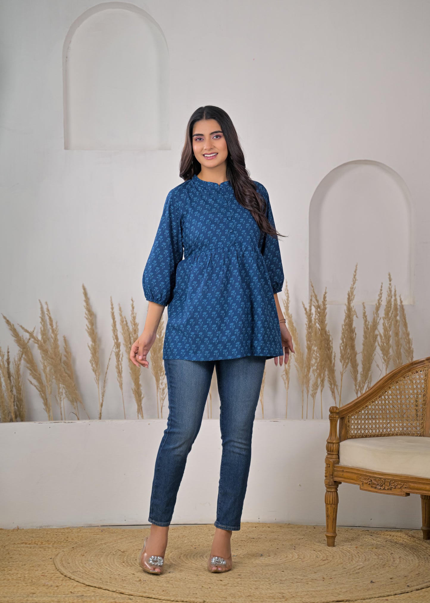 Women's Blue Floral Print Empire Waist Short Kurti