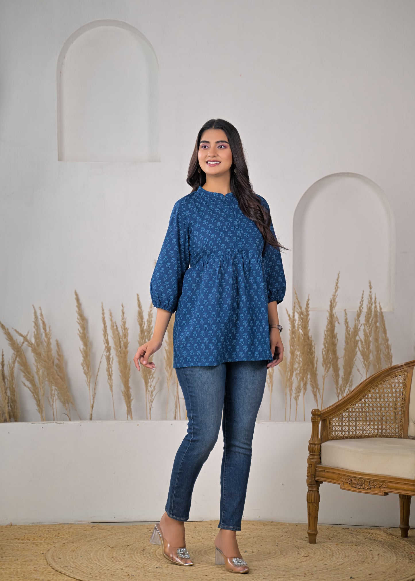 Women's Blue Floral Print Empire Waist Short Kurti
