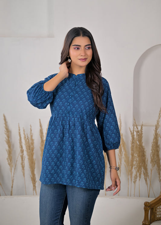 Women's Blue Floral Print Empire Waist Short Kurti