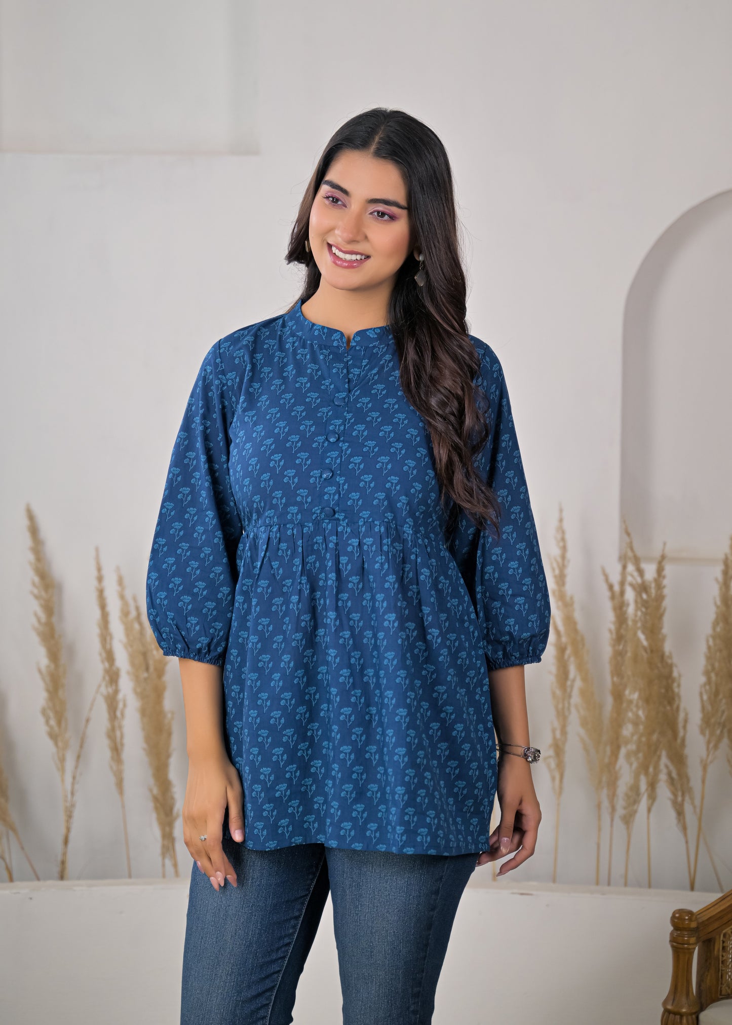 Women's Blue Floral Print Empire Waist Short Kurti
