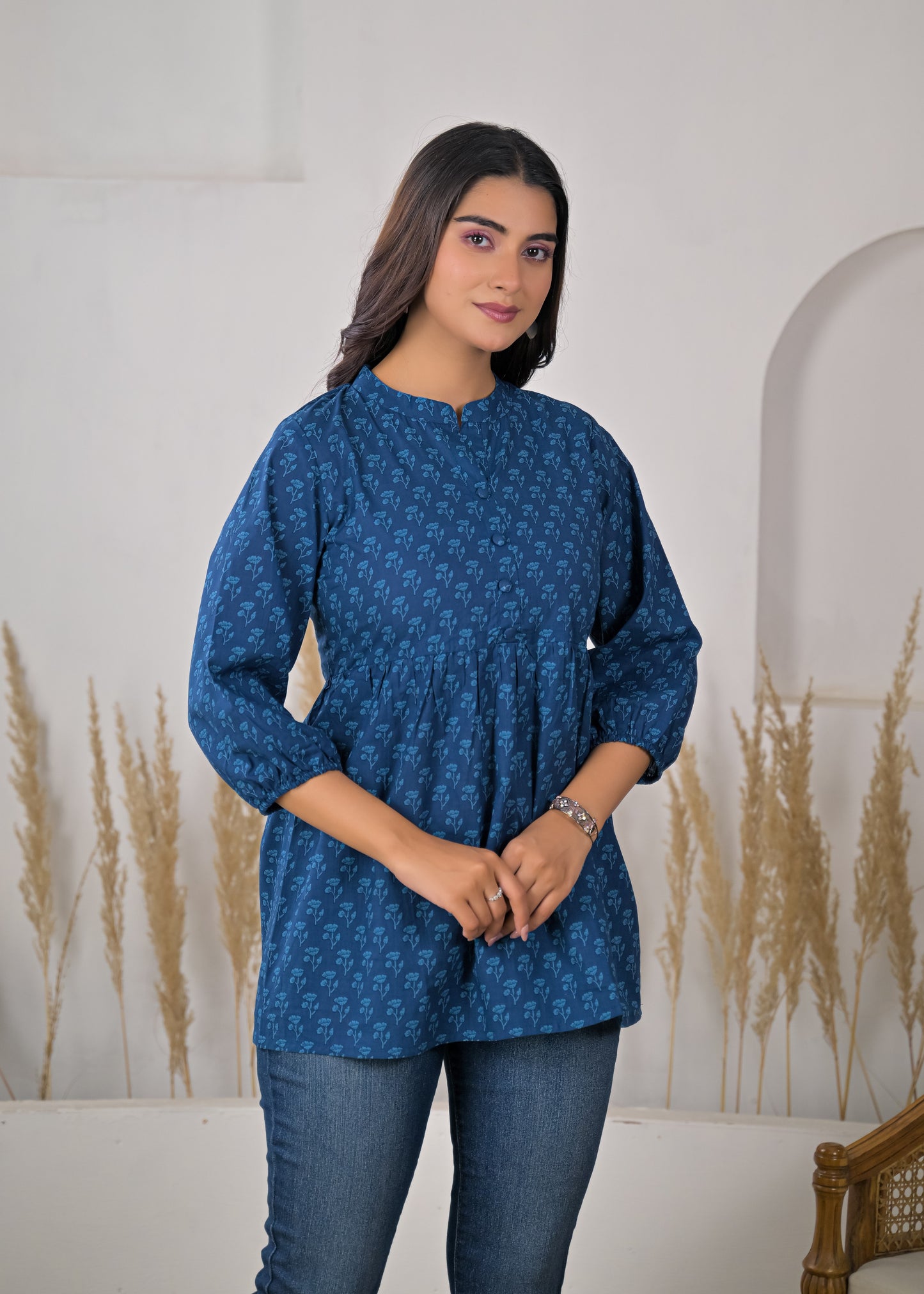 Women's Blue Floral Print Empire Waist Short Kurti