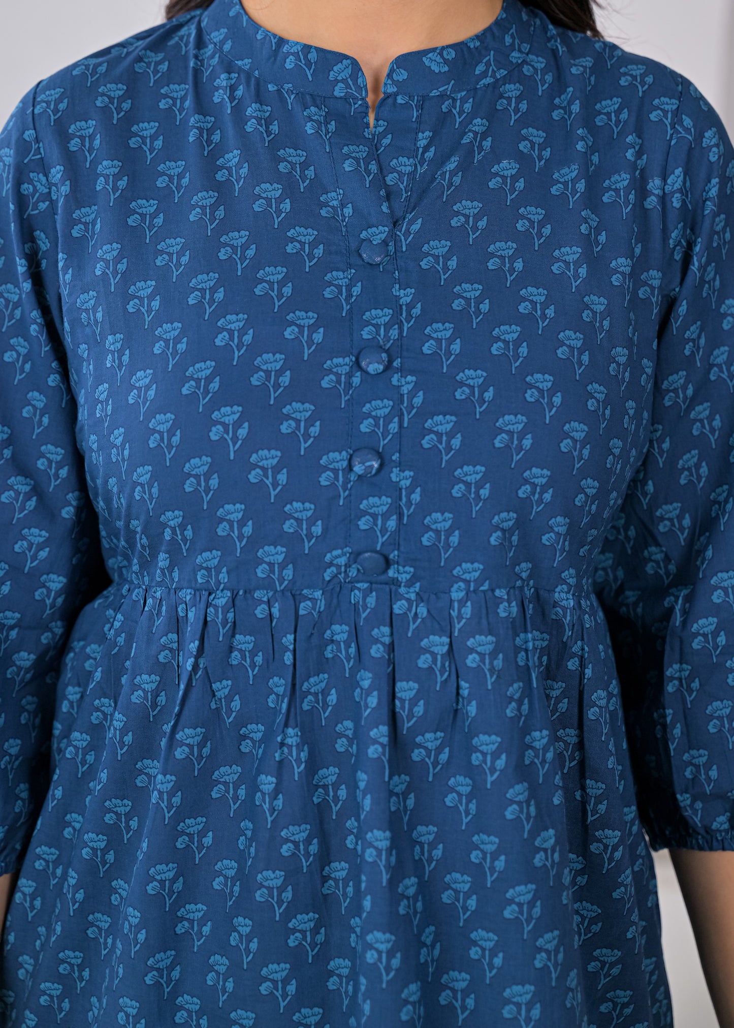 Women's Blue Floral Print Empire Waist Short Kurti