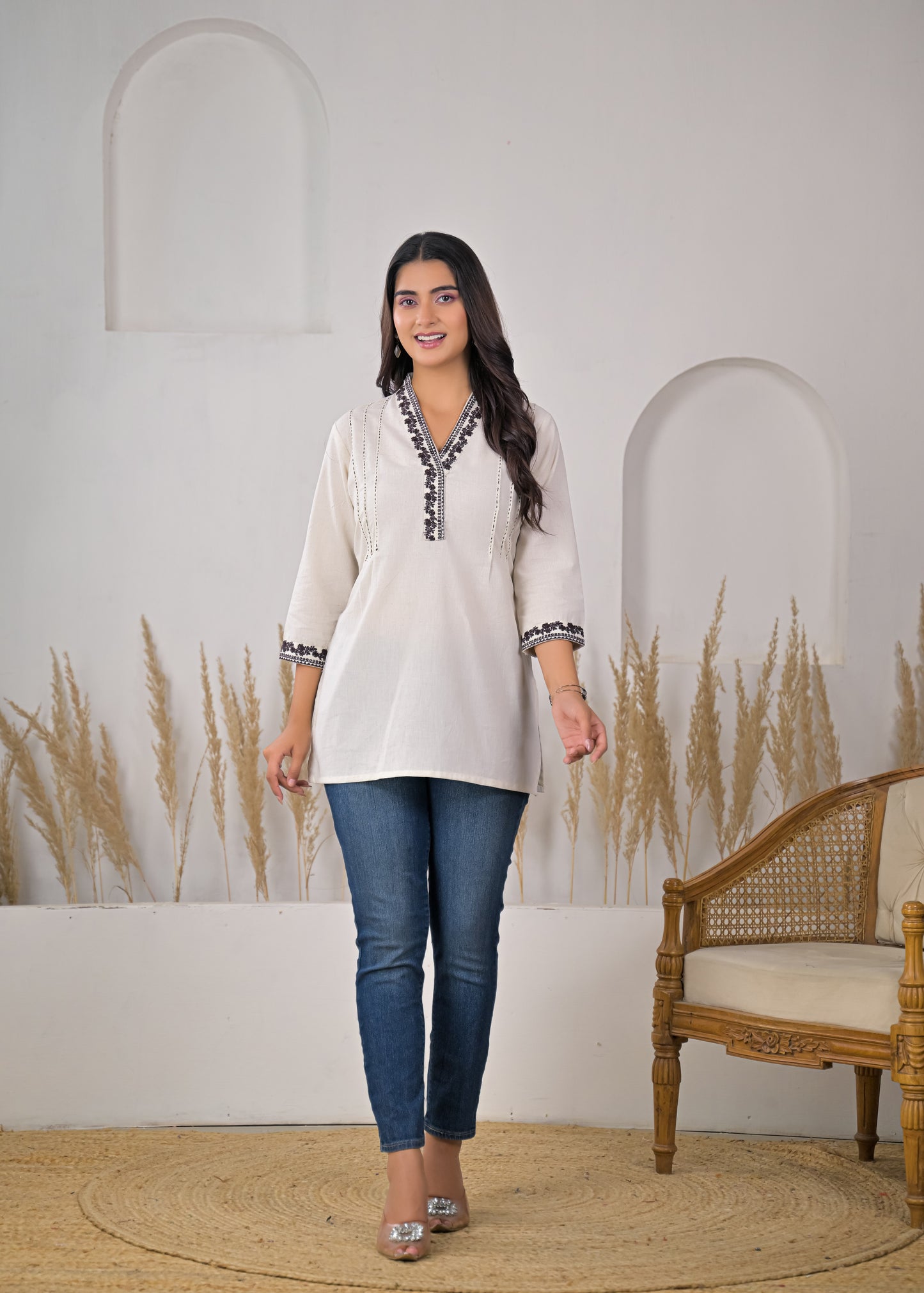 Women's White  V-Neck Short Kurti