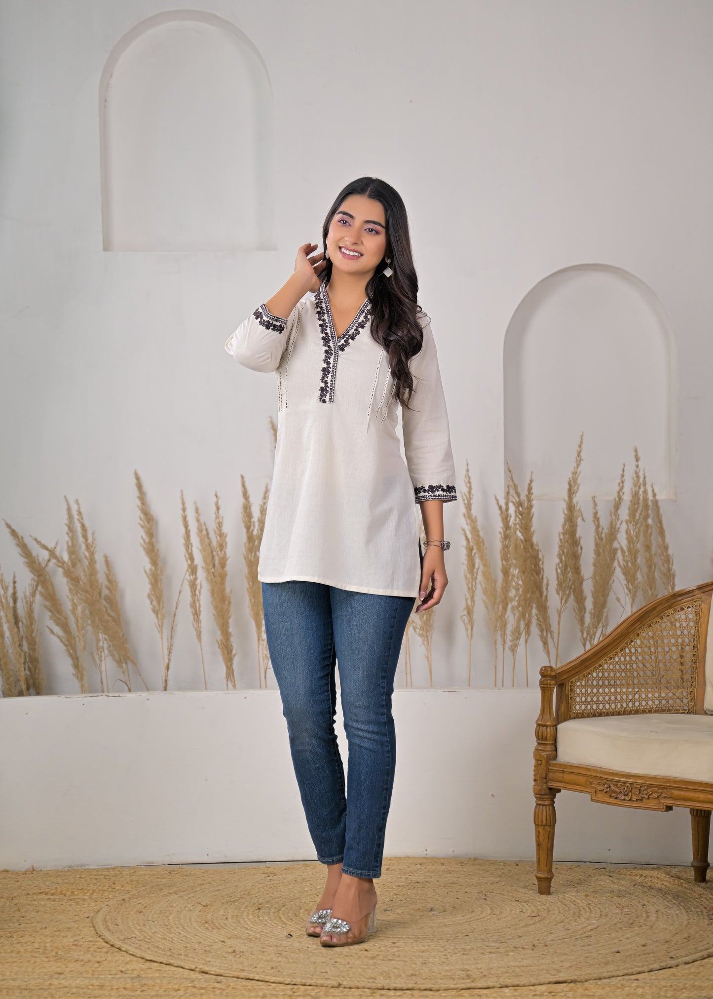 Women's White  V-Neck Short Kurti