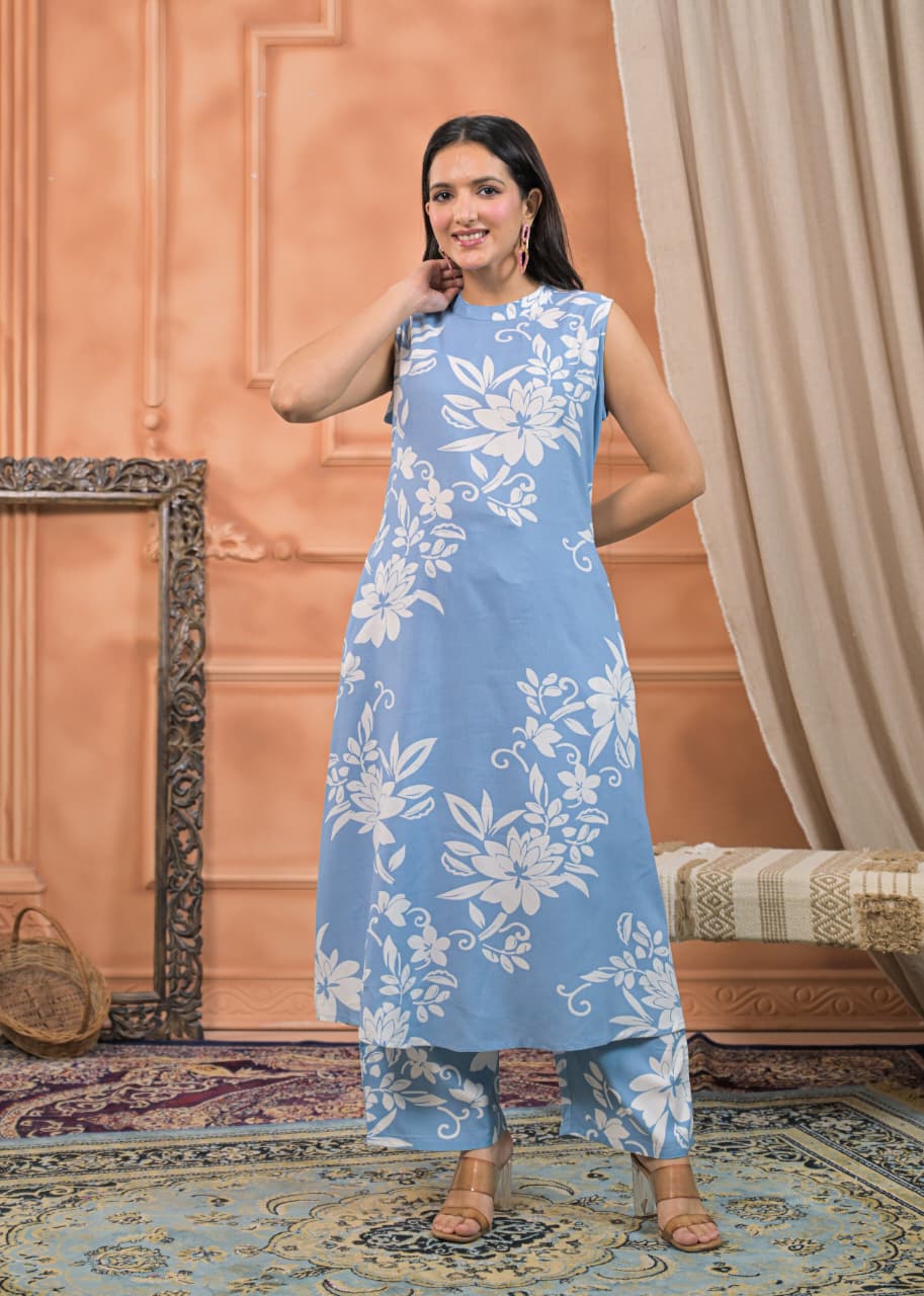 Sky Bloom Rayon Cotton Co-ord Set