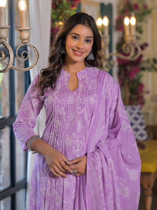 Pleated Yoke Purple Floral Kurta Set