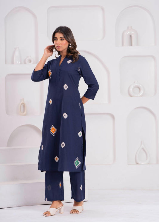 Navy Blue Printed Kurti & Pant Co-Ord Set