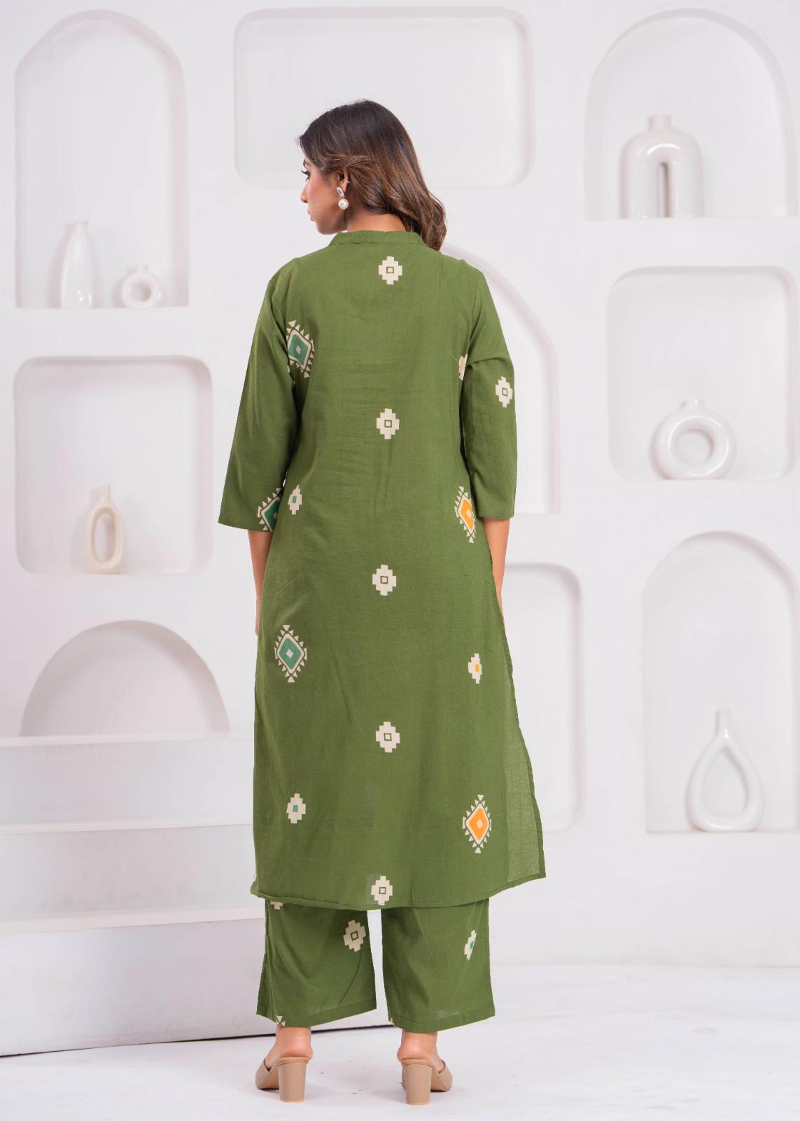 Olive Green Printed Cotton Kurta Set