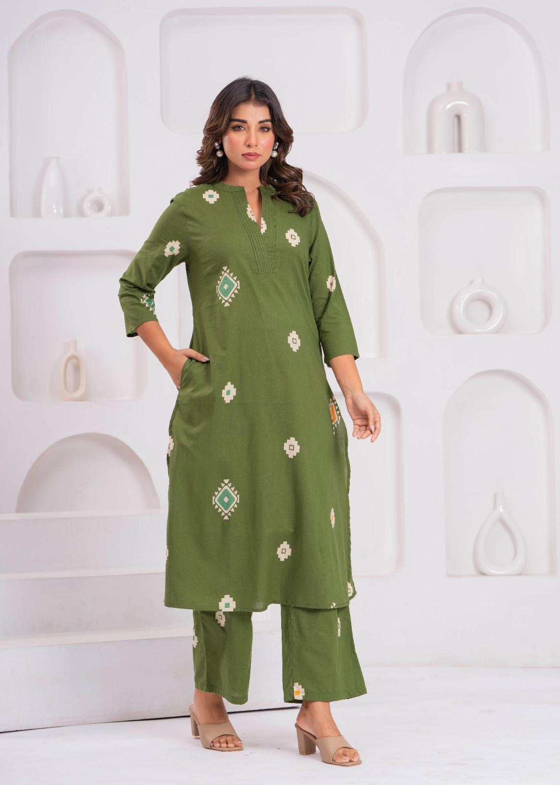 Olive Green Printed Cotton Kurta Set