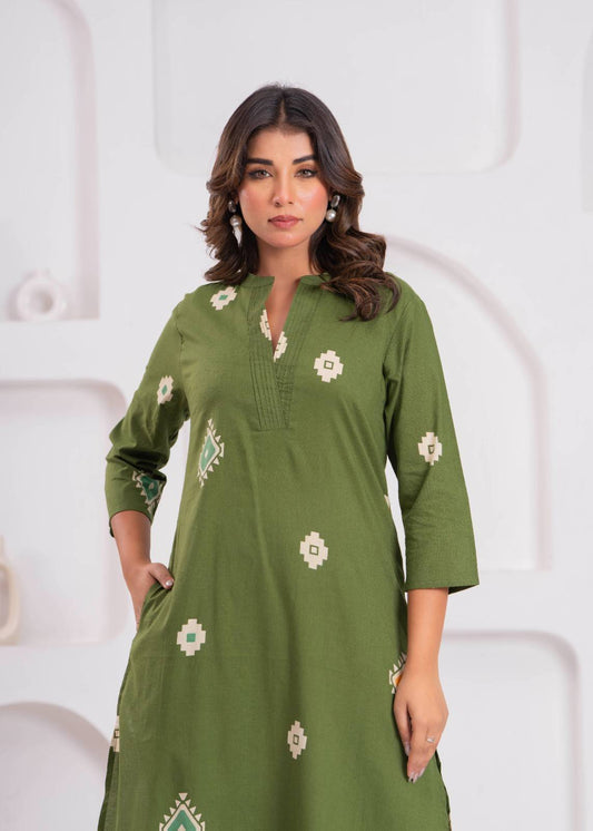 Olive Green Printed Cotton Kurta Set